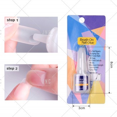 Cola para unhas Brush-On Nail Glue em embalagem colorida com instruções de uso