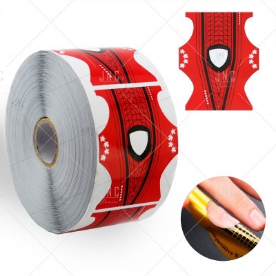 Rolo de moldes para unhas vermelhos com padrão preto e um escudo branco