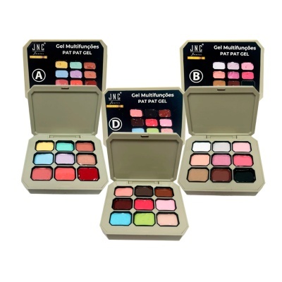 Três paletas de gel multifunções PAT PAT GEL da JNC com várias cores abertas
