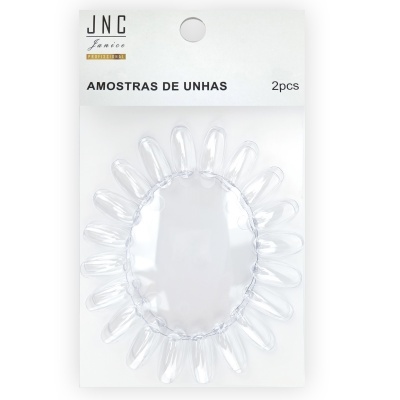 Amostras de unhas artificiais transparentes em embalagem branca