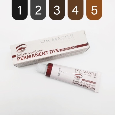 Tubo de tinta permanente para pestanas e sobrancelhas SPA MASTER com embalagem branca e texto castanho