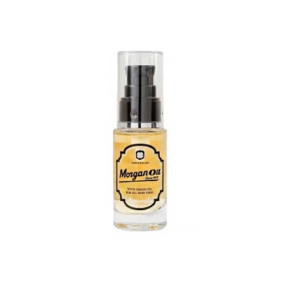 frasco pequeno de óleo para cabelo Morgan Oil dourado com tampa transparente