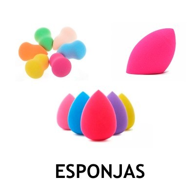 Esponjas de maquilhagem coloridas em forma de gota, com texto ESPONJAS