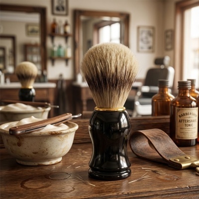 Pincel de barbear com cabo preto, taça com espuma, navalha, frascos âmbar de aftershave e correia de couro numa bancada de barbear