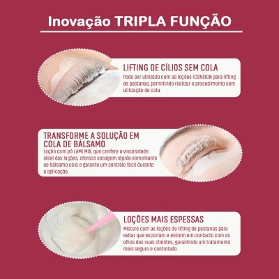 Imagem com texto sobre inovação tripla função para lifting de cílios e três imagens associadas