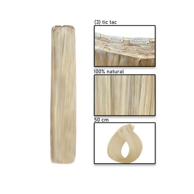 Extensão de cabelo loiro natural com 3 grampos tic tac e 50 cm