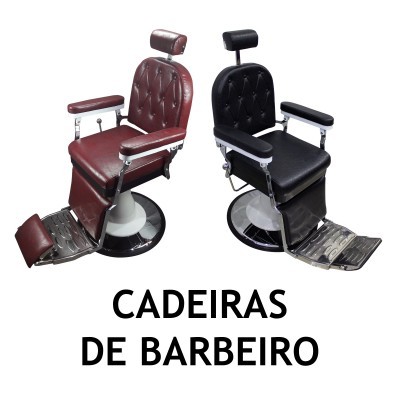 Duas cadeiras de barbeiro, castanha e preta, com base redonda e texto cadeiras de barbeiro