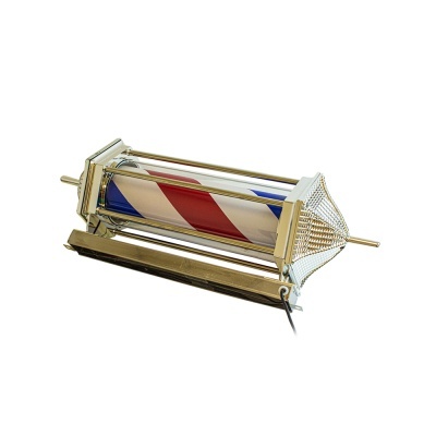 Barbeiro giratório vermelho, branco e azul com base metálica dourada