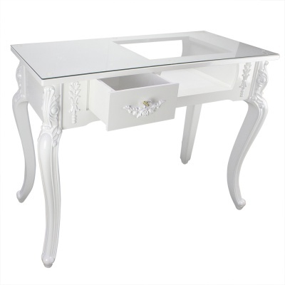 Mesa branca clássica com tampo de vidro e gaveta aberta