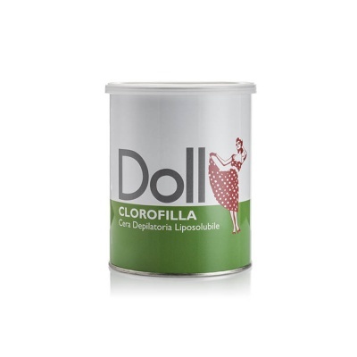 Lata de cera depilatória Doll Clorofila com rótulo verde e branco e ilustração de mulher
