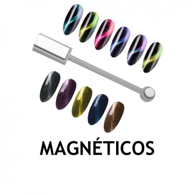 Unhas postiças magnéticas com ferramenta e texto MAGNÉTICOS