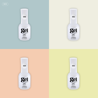 Quatro frascos brancos de verniz gel para unhas sobre fundos de cores diferentes