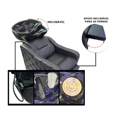 Cadeira de massagem preta com encosto e apoio para pernas inclináveis