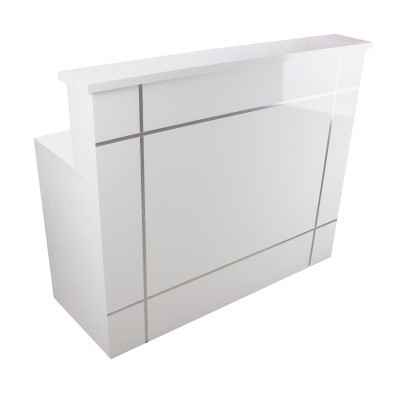 Balcão de receção branco com linhas cinza e tampo elevado