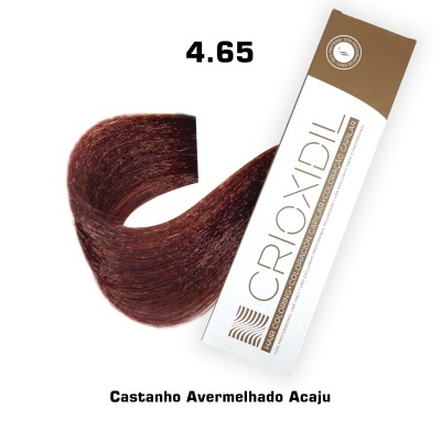 Amostra de cor de cabelo castanho avermelhado acaju Croxodil 4.65 com embalagem branca e castanha.