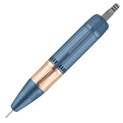 Caneta elétrica azul com detalhes dourados e corpo estriado em fundo branco