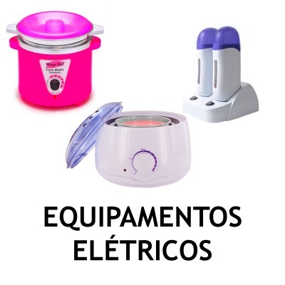 Três equipamentos elétricos para depilação com texto Equipamentos Elétricos