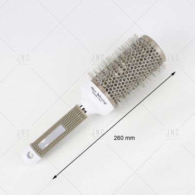 Escova de cabelo redonda metálica com cabo branco e cinzento, 260 mm