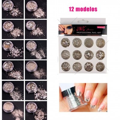 Conjunto 12 frascos glitter prateado para unhas