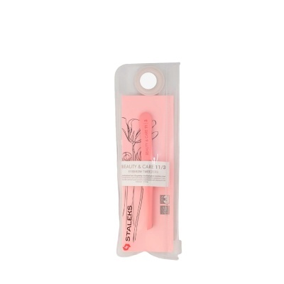 Pinça para sobrancelhas cor-de-rosa Staleks Beauty & Care 11/3 em embalagem transparente com cartão cor-de-rosa e flores