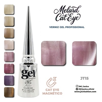 Verniz gel profissional Melard Cat Eye com frasco prateado, várias amostras de cores metalizadas e texto Cat Eye Magnético JT15