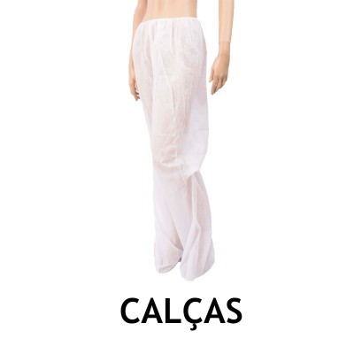 Calças brancas translúcidas em manequim com texto CALÇAS