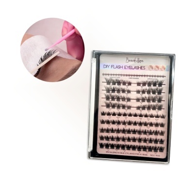 Conjunto de pestanas falsas autocolantes com embalagem e aplicação mostrada