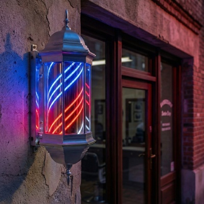 Lanterna metálica com luzes LED azul, vermelha e branca junto a porta de vidro.