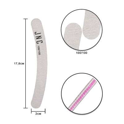 Lima de unha curva cinzenta com texto JNG 100/100 e detalhes da textura abrasiva