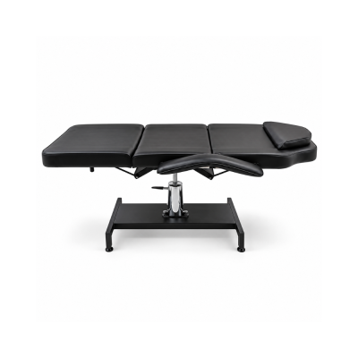 Cama de massagem ou estética preta com base metálica e ajuste hidráulico
