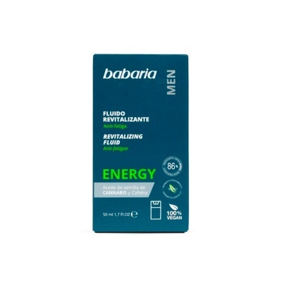 Embalagem azul escuro de fluido revitalizante babaria para homem, texto branco e verde