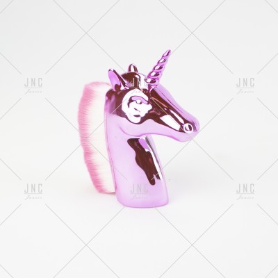Escova de maquilhagem forma unicórnio cor-de-rosa metálico cerdas rosa