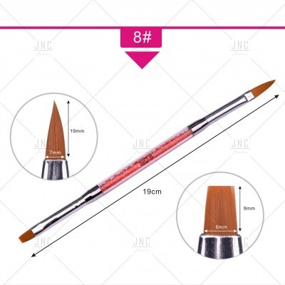 Pincel duplo para unhas com cerdas castanhas e cabo transparente contendo partículas cor de rosa