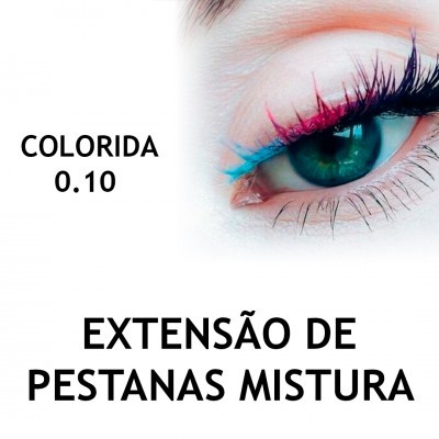 Olho com pestanas coloridas azul e rosa e texto promocional de extensão de pestanas