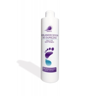 Frasco branco de reblandecedor de durezas pó de 500 ml com texto e ilustração de pé em roxo e azul