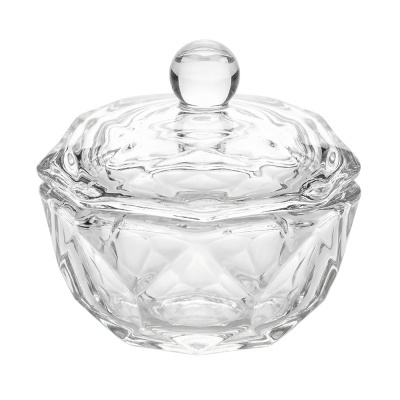 recipiente de vidro transparente com tampa e padrão facetado