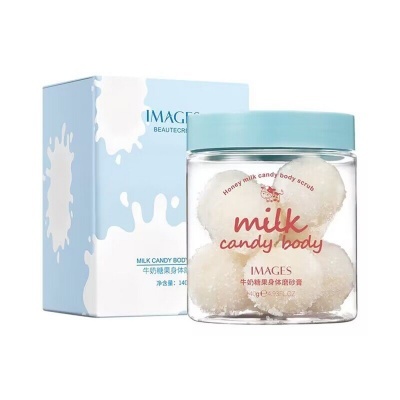 Esfoliante corporal milk candy body em frasco transparente com tampa azul e embalagem azul claro