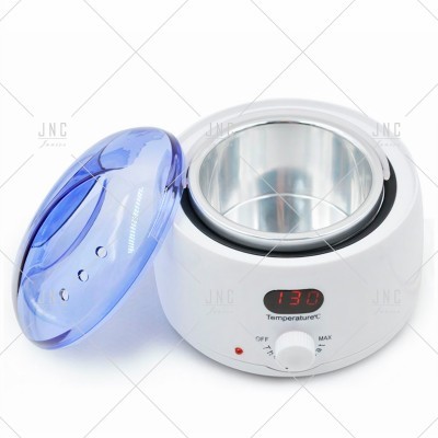 Aparelho de aquecimento elétrico branco com tampa azul transparente e mostrador digital