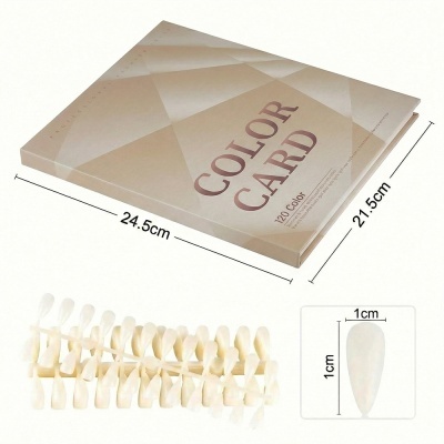 Livro COLOR CARD com amostras de unhas em plástico transparente e dimensões indicadas.