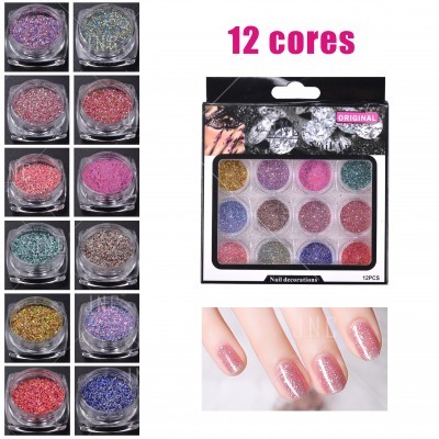 Conjunto com 12 cores de glitter para decoração de unhas em frascos pequenos e embalagem preta