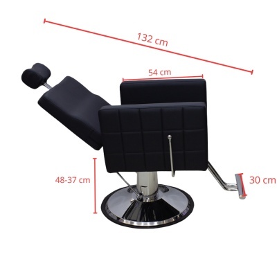 Cadeira de cabeleireiro preta com base cromada e medidas indicadas.