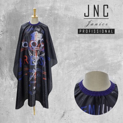 Capa preta para cabeleireiro com gola roxa e design colorido