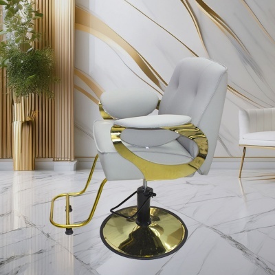 Cadeira de salão cinza com estrutura dourada