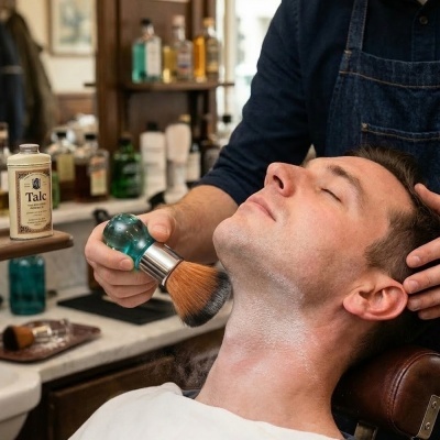 Pessoa a aplicar pó de talco com pincel durante barbearia