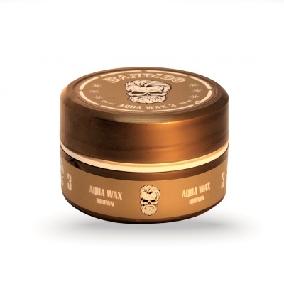 Pote de cera para cabelo marrom com texto AQUA WAX BROWN e logo de cabeça com barba