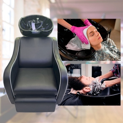 Cadeira para lavagem de cabelo preta com duas imagens pequenas de lavagem de cabelo em salão