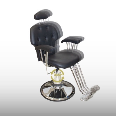 Cadeira de barbeiro preta com base redonda cromada e apoios ajustáveis