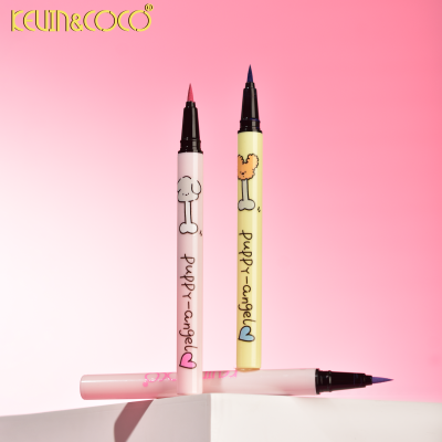 Conjunto de canetas finas decoradas com desenhos de cães e corações em fundo rosa.