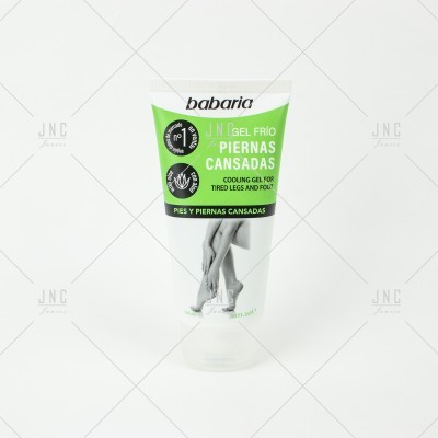 Gel frío Babaria pernas cansadas embalagem branca e verde com imagem de pernas