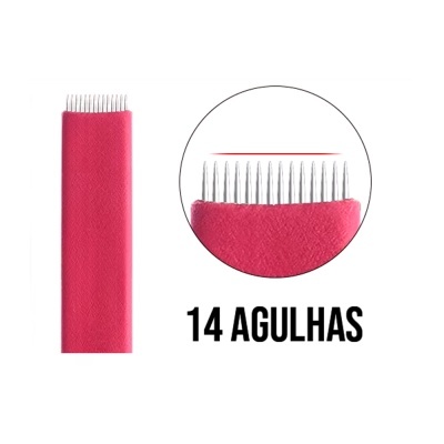 Produto com 14 agulhas metálicas numa base rosa com o texto '14 AGULHAS'